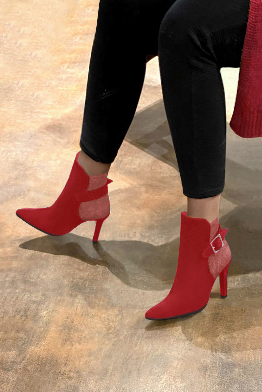 Cardinal red women's ankle boots with buckles at the back. Tapered toe. Very high slim heel. Top view - Florence KOOIJMAN